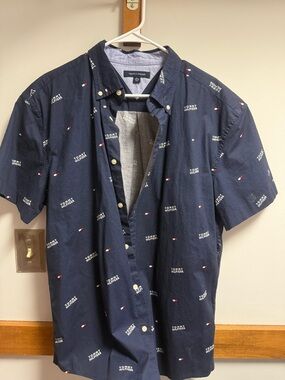 Tommy Hilfiger Navy Short-Sleeve Button-Down Shirt with Logo Print